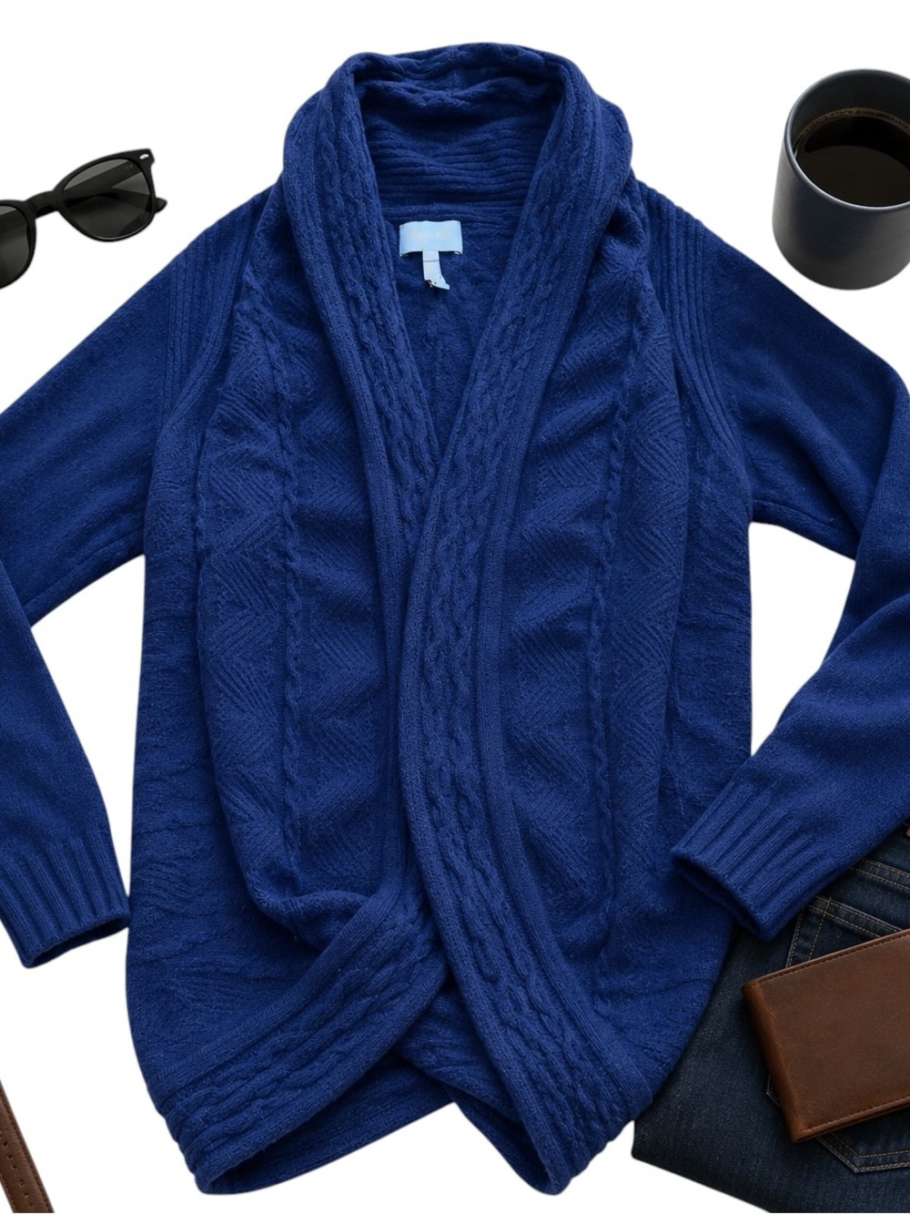 Laundry by Shelli Segal Women’s L Blue 100% Cashmere Cable Knit Draped Cardigan